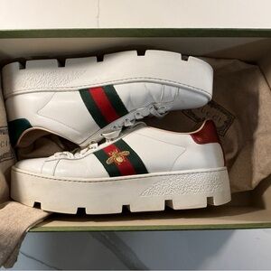 Gucci White Sneakers with Red and Green Accents